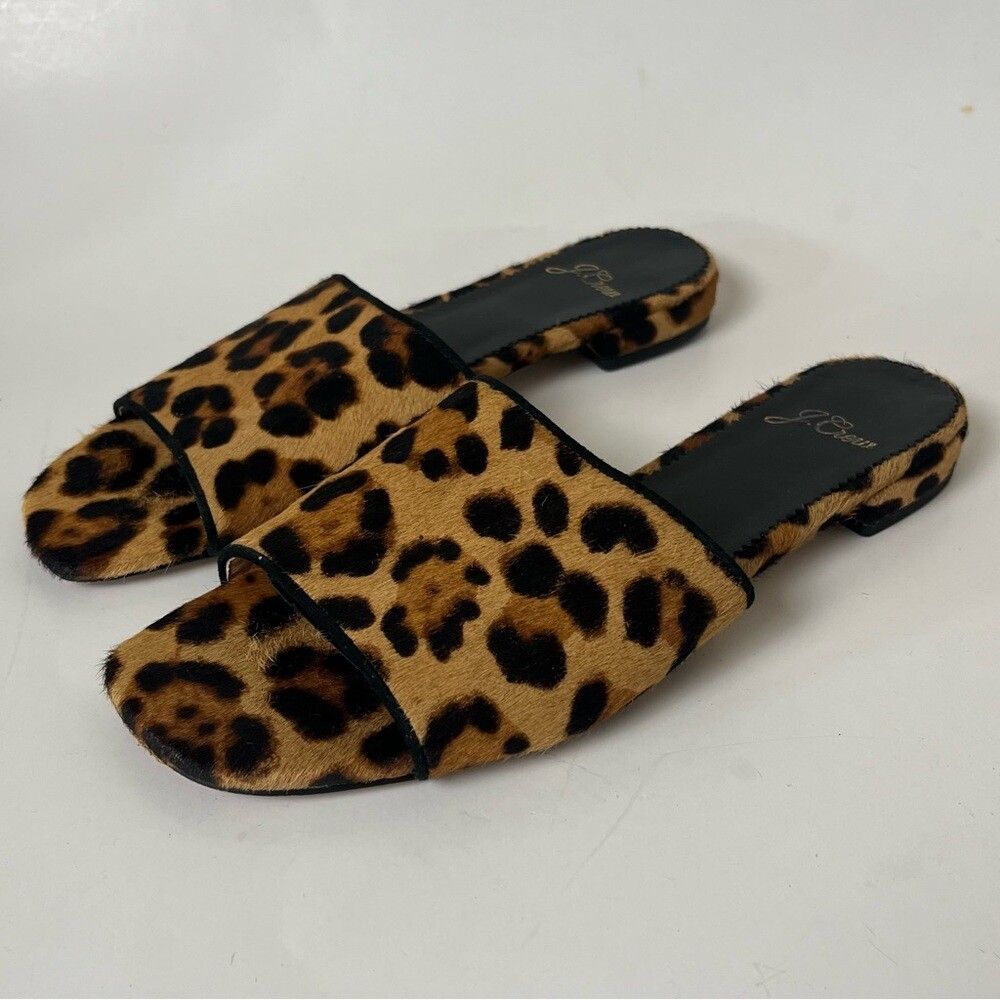 J Crew Abbie Pony Hair Sandals 6 Chic Leopard Animal Print Slides Calfskin Flats